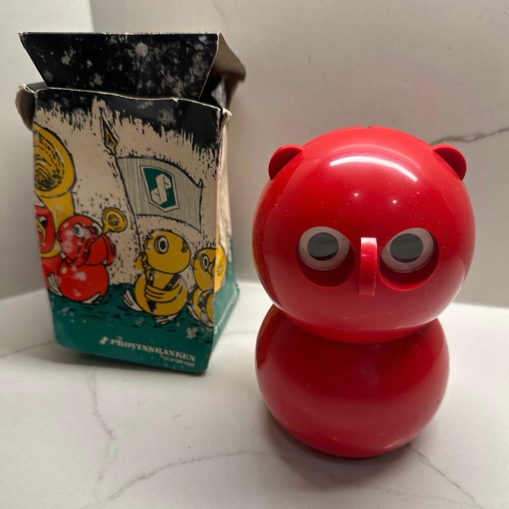 Rare 1960 Red Plastic "Ugle" Owl Piggy Bank from Danish Bank Provinsbanken Retro